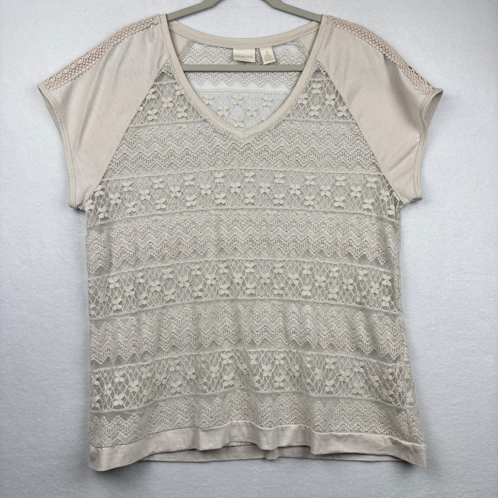 Chicos Knit Top Womens Size 3 XL V Neck Lace Crochet Trim Short Sleeve